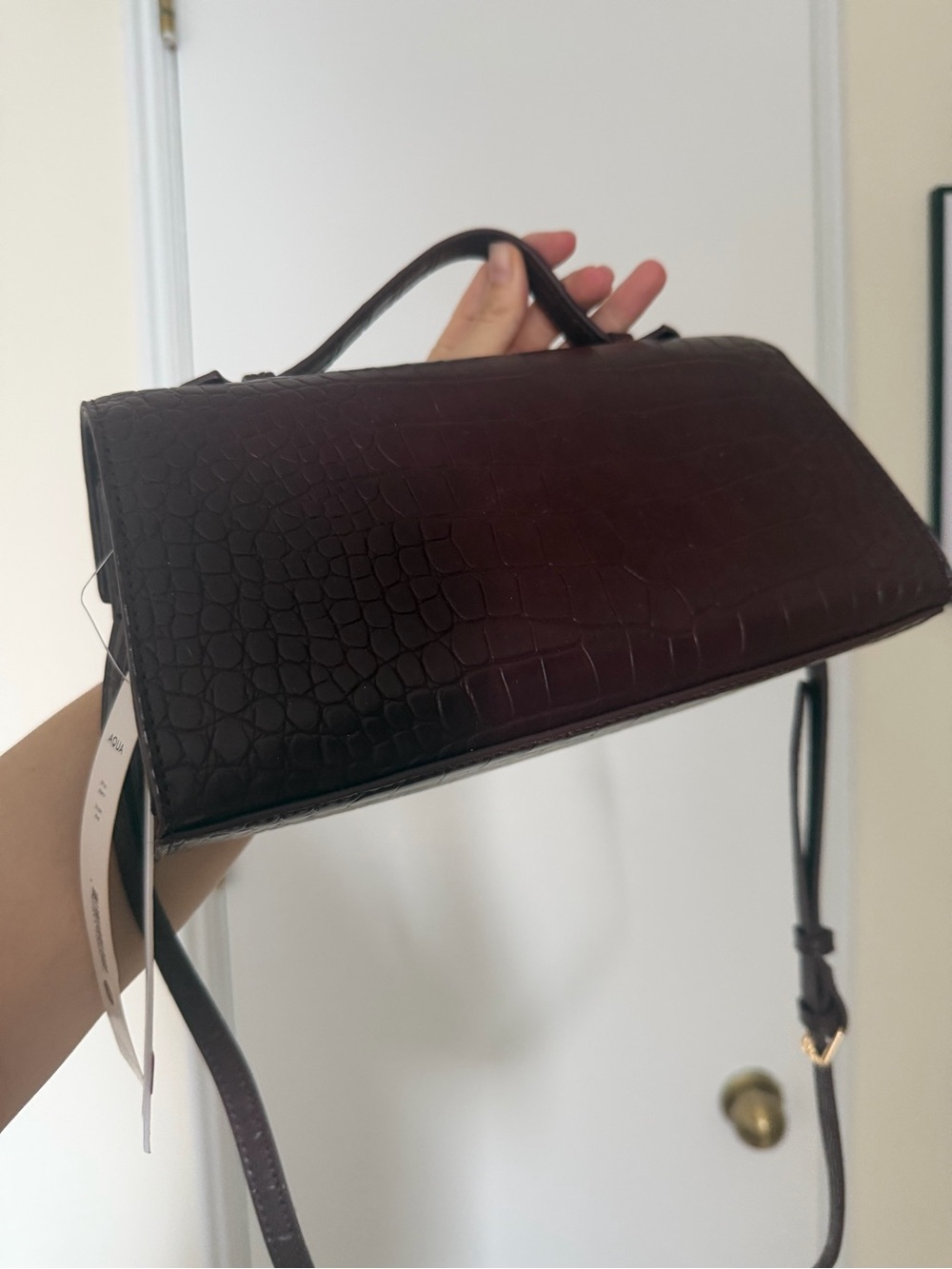Aqua Croc-Embossed Top Handle Satchel in Wine - Picture 4 of 5